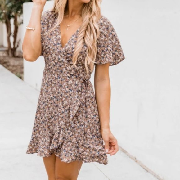 Pink Lily Dresses & Skirts - Pink Lily | Hidden Talent Floral Wrap Taupe Dress